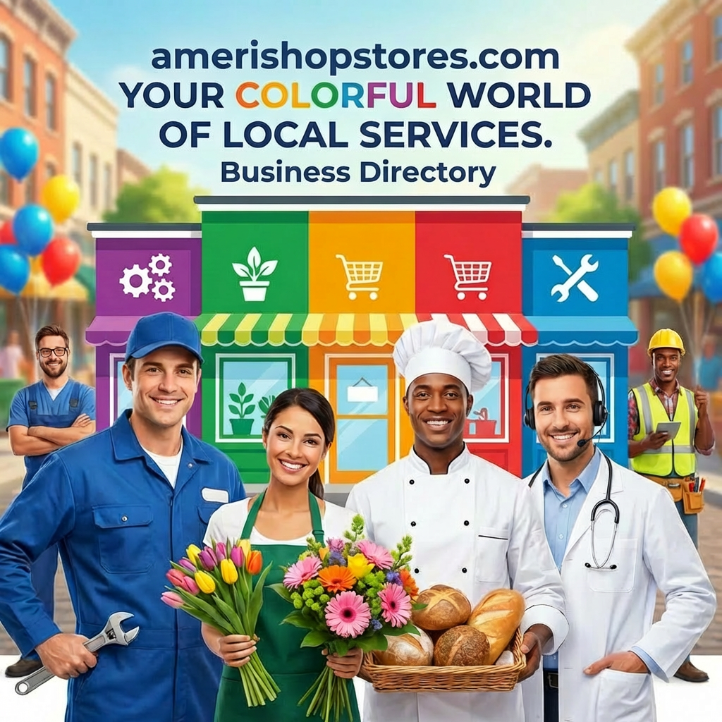 Diverse professionals standing before colorful storefronts; text: AMERISHOPSTORES: YOUR COLORFUL WORLD OF LOCAL SERVICES.